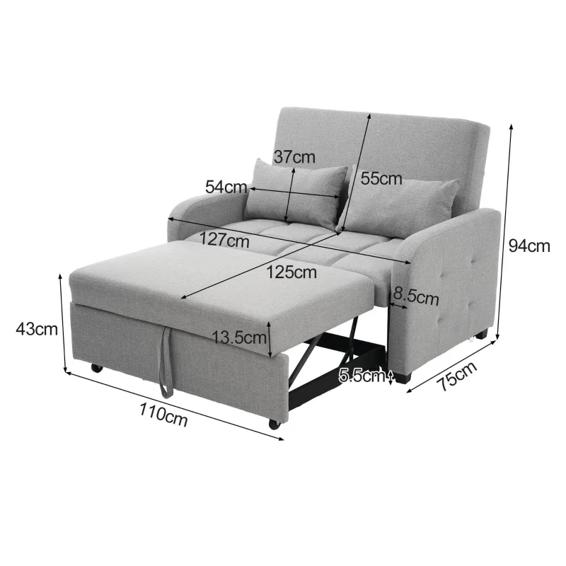 Divano-letto pieghevole multifunzionale, 2-in-1, schienale regolabile, rivestimento in cotone e lino, 127x75x94 cm, Grigio