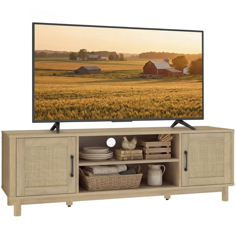 HOMCOM Meuble TV 135 cm, meuble télé pour téléviseur jusqu'à 65 pouces avec 2 portes en rotin, 2 compartiments ouverts, chêne