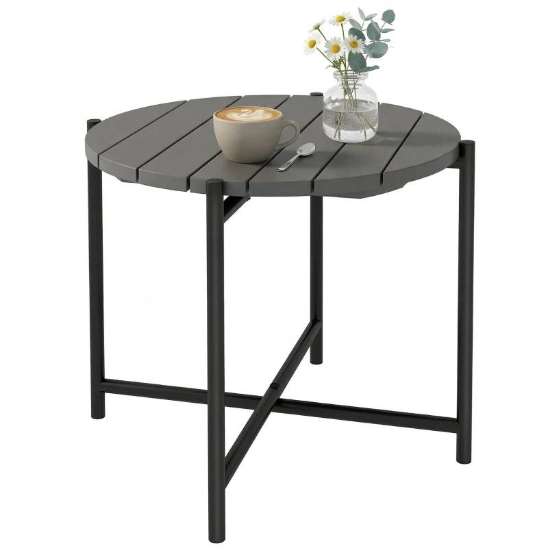 Outsunny 54 cm Round Outdoor Side Table, Industrial Small Garden Table with Slatted Wood Top and Metal Frame, Dark Grey
