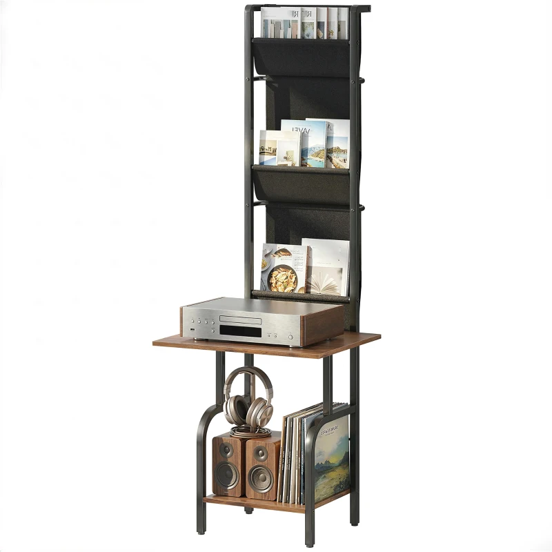 HOMCOM Industrielles CD-Regal, CD-Aufbewahrung, DVD-Ständer mit 3 Stofftaschen und Tischplatte, Rustikale Holzoptik in Braun