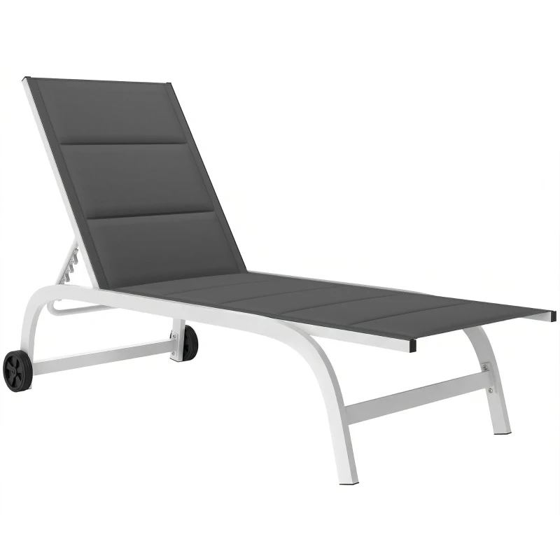Outsunny Lettino Prendisole da Giardino con Ruote, in Texteline con Telaio in Alluminio, Grigio Scuro e Bianco