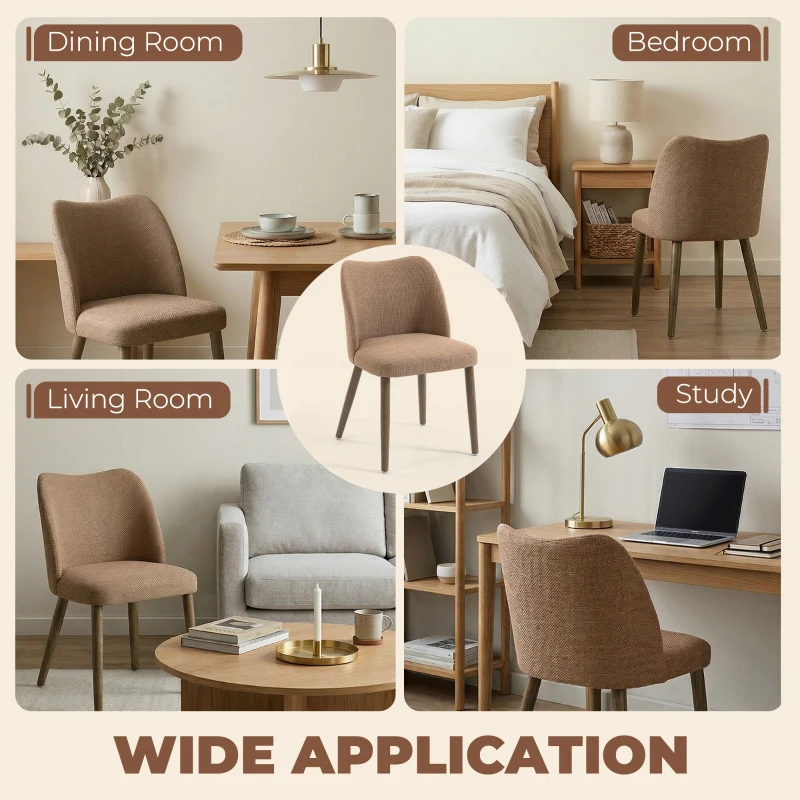 HOMCOM Dining Chairs Set of 2, Linen Upholstered Kitchen Chairs with Padded Seat, Curved Backrest, Rubberwood Legs, Brown