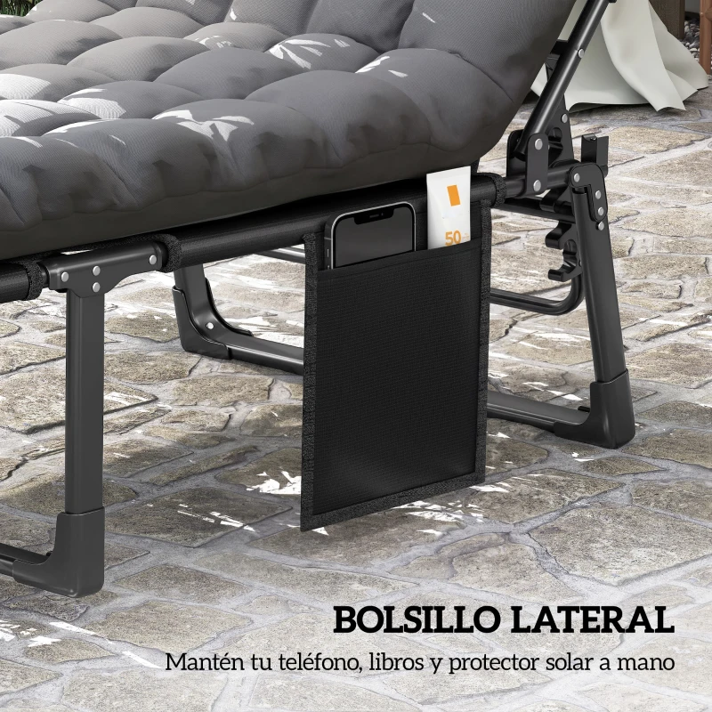 Outsunny Set de 2 Tumbonas Plegables con Reposacabezas Cojines Bolsillo Lateral y Respaldo Reclinable 5 Posiciones Gris Oscuro
