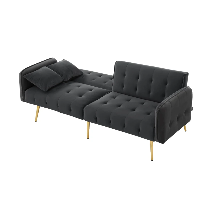 Divano-letto 2 posti, rivestimento in velluto, piedi dorati, 178x82x70 cm, Grigio