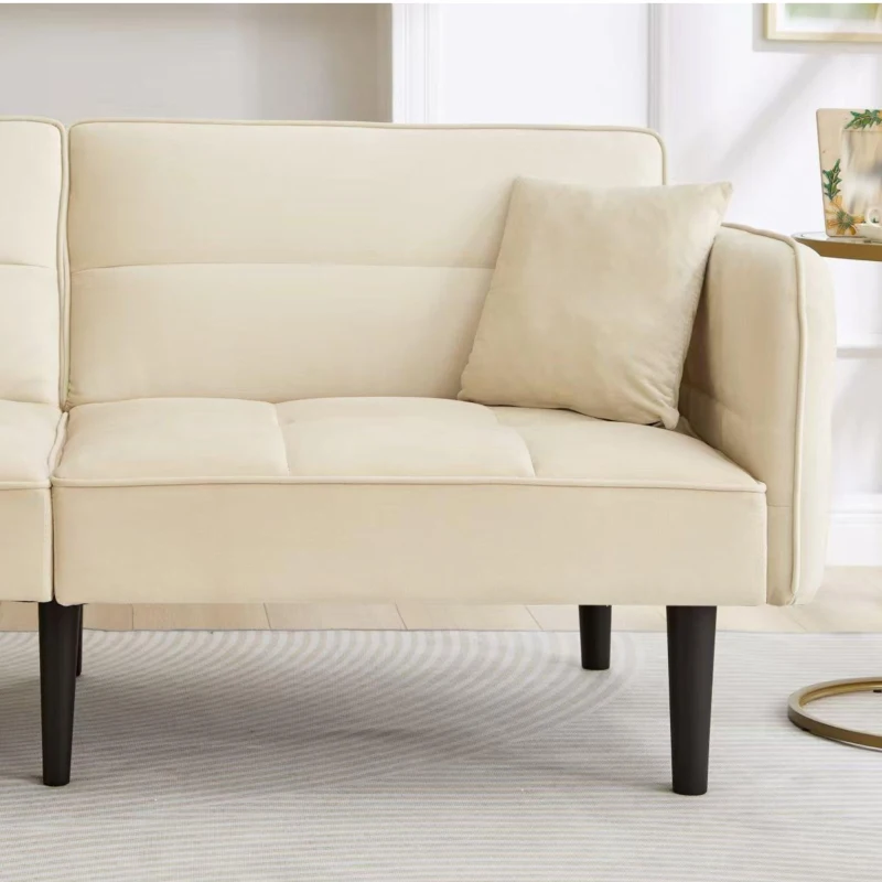 Divano-letto 2-in-1, schienali regolabili, rivestimento in velluto, gambe in legno, 176x78x76 cm, Beige