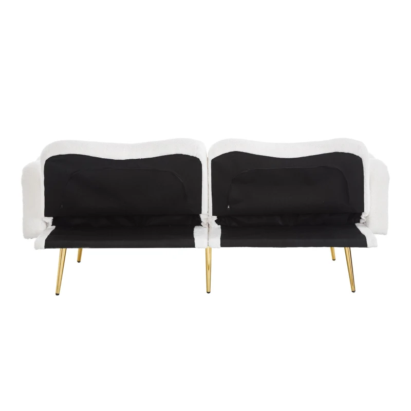 Divano letto 2 posti con superficie effetto lana d'agnello e piedi dorati, 175x79x82 cm, Bianco