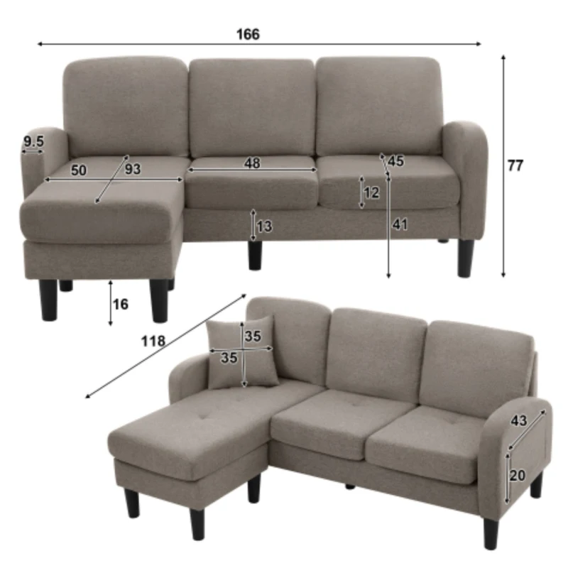 Divano angolare a forma di L con chaise longue, rivestimento in cotone-lino, cuscini inclusi, 166x118x77 cm, Grigio scuro