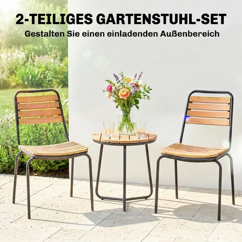 Outsunny Gartenstuhl 2er Set wetterfest Gartenstühle aus Stahl und Holz Stapelstuhl mit Rückenlehne bis 160kg belastbar Naturholz
