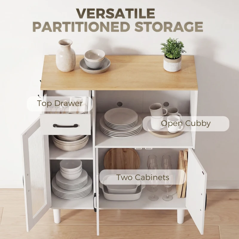 HOMCOM Sideboard Küchenschrank mit Schublade, 2 Schränken, Offenem Fach, geriffelter Acrylglastür 80 x 34 x 91 cm Weiß+Eiche