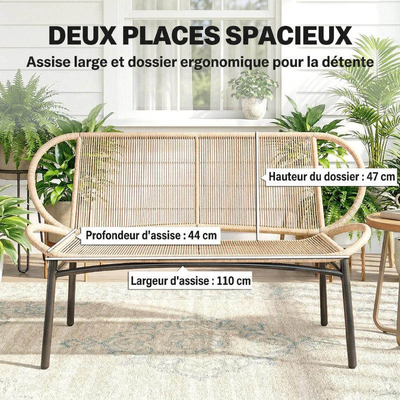 Outsunny Banc de jardin 2 places, banc d'extérieur en résine tressée avec cadre en métal, résistant aux intempéries, naturel