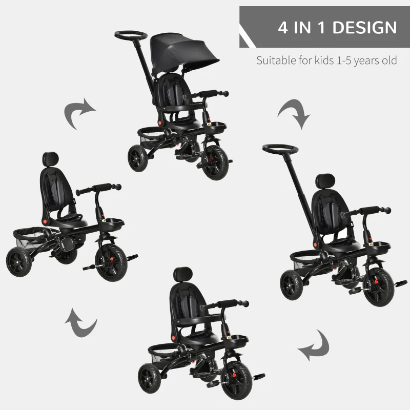 HOMCOM 4 in 1 Kids Trike Toddler Foldable Pedal Tricycle w/ Reversible Angle Adjustable Seat Removable Handle Canopy Belt Brake for 1-5 Years - Black