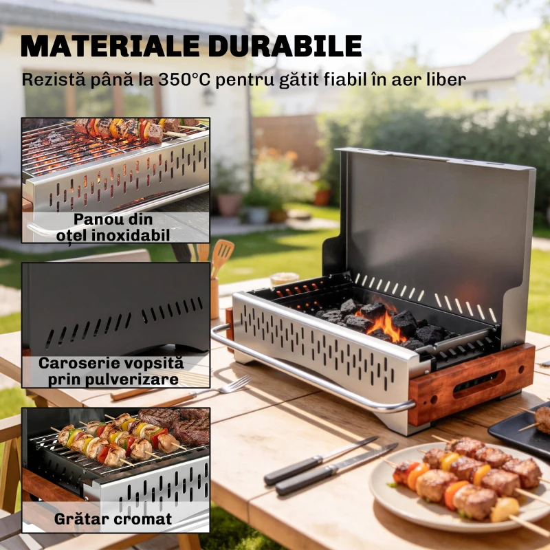 Outsunny Grătar Portabil cu Cărbune, Tava Detașabilă, din Oțel Inoxidabil și Metal, 50,5x34x33 cm, Negru