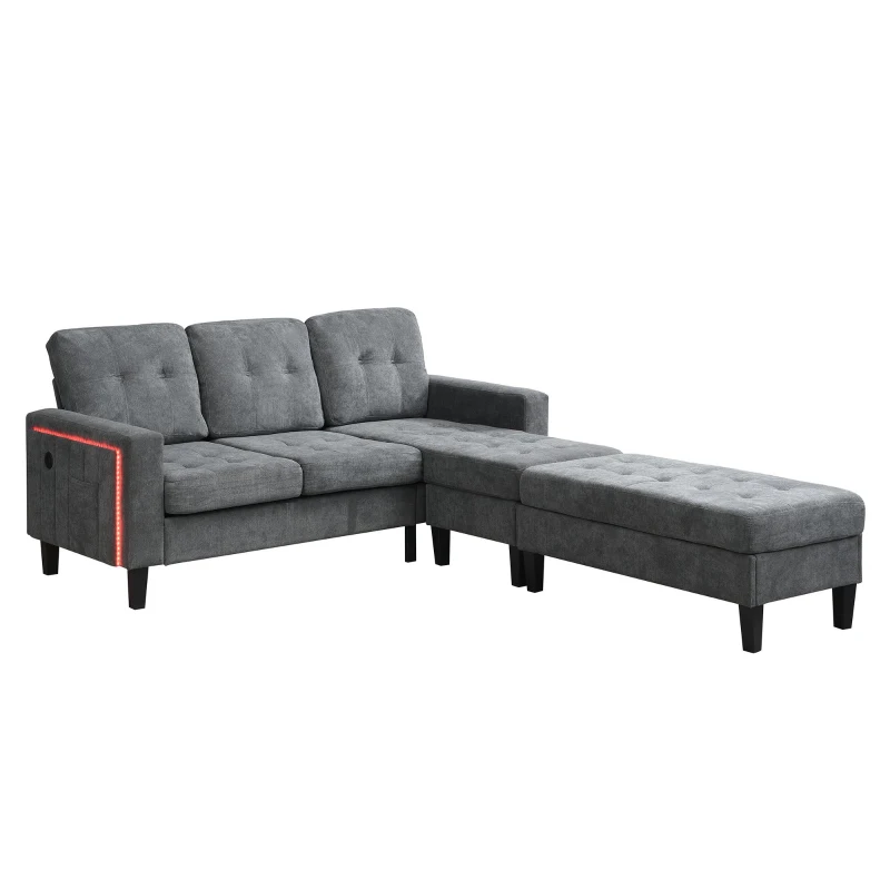Divano a forma di L, rivestimento in chenille, LED & USB, 185x135x85 cm, Grigio