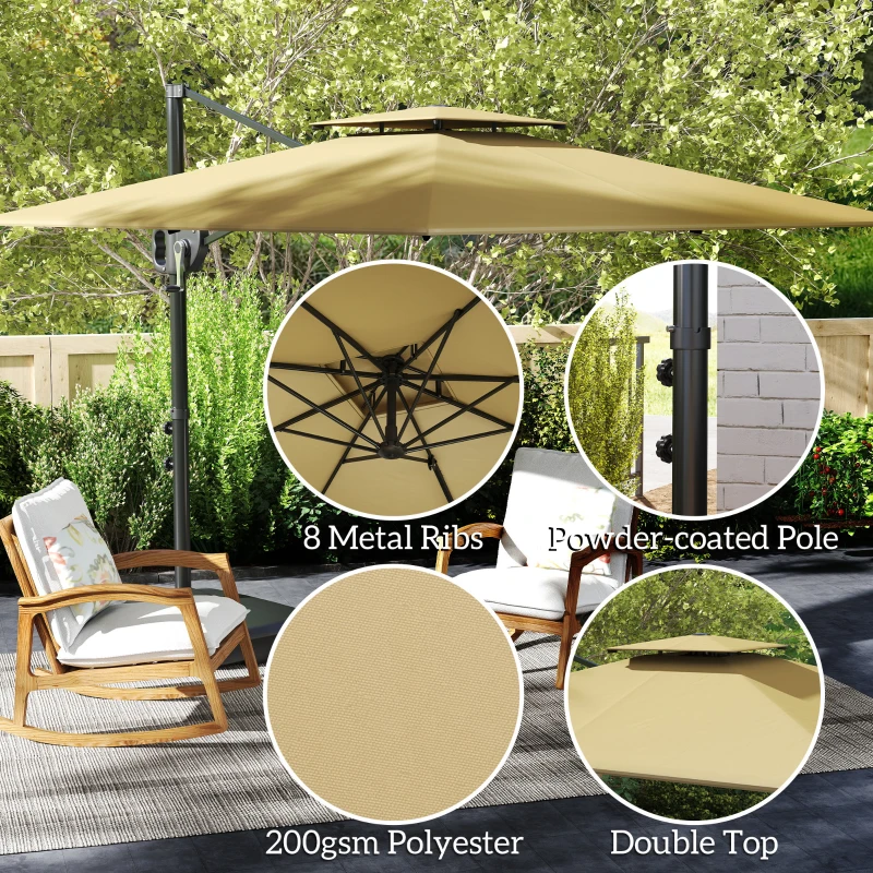 Outsunny Umbrelă de Grădină Decentrata 2.5x2.5 m cu Bază Umplută, Manivelă și Cap Reglabil, Bej