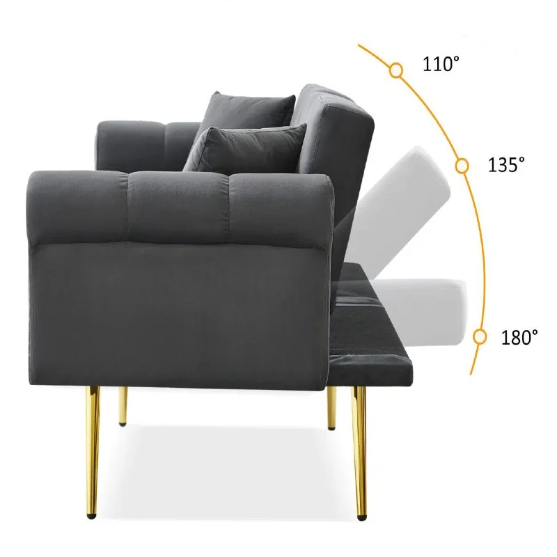 Divano letto 2 posti, rivestimento in velluto, piedi dorati, 173x75x70 cm, Grigio