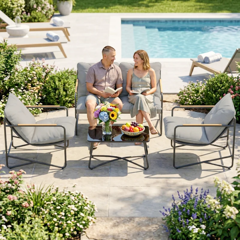 Outsunny Ensemble Jardin 4 Places avec Coussins Épais, Salon en Métal, Gris Clair