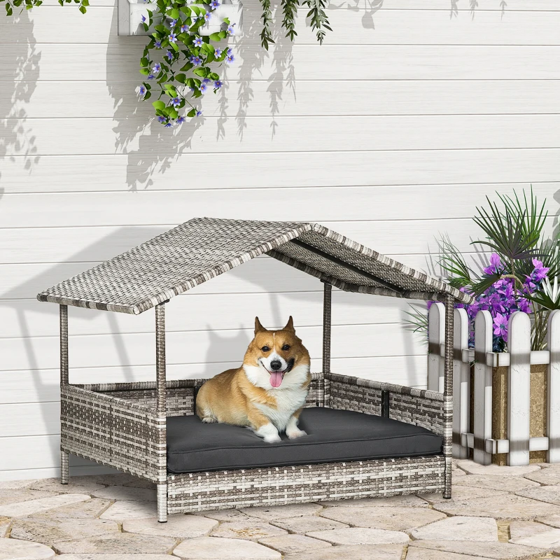 PawHut Wicker Dog House, Rattan Pet Bed, with Removable Cushion, Canopy, for Small and Medium Dogs - Dark Grey
