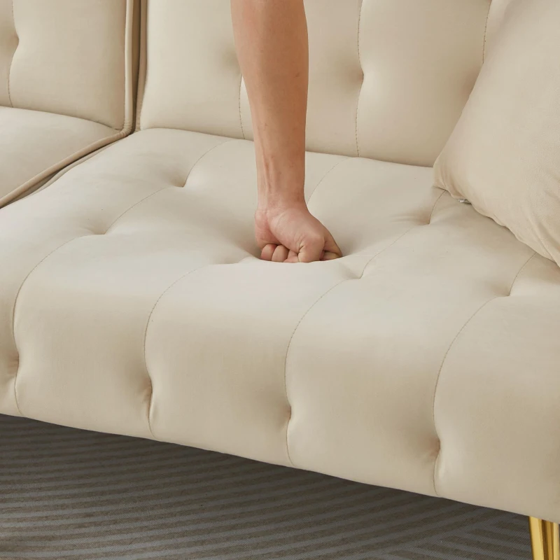 Divano-letto 2 posti, rivestimento in velluto, piedi dorati, 178x82x70 cm, Beige