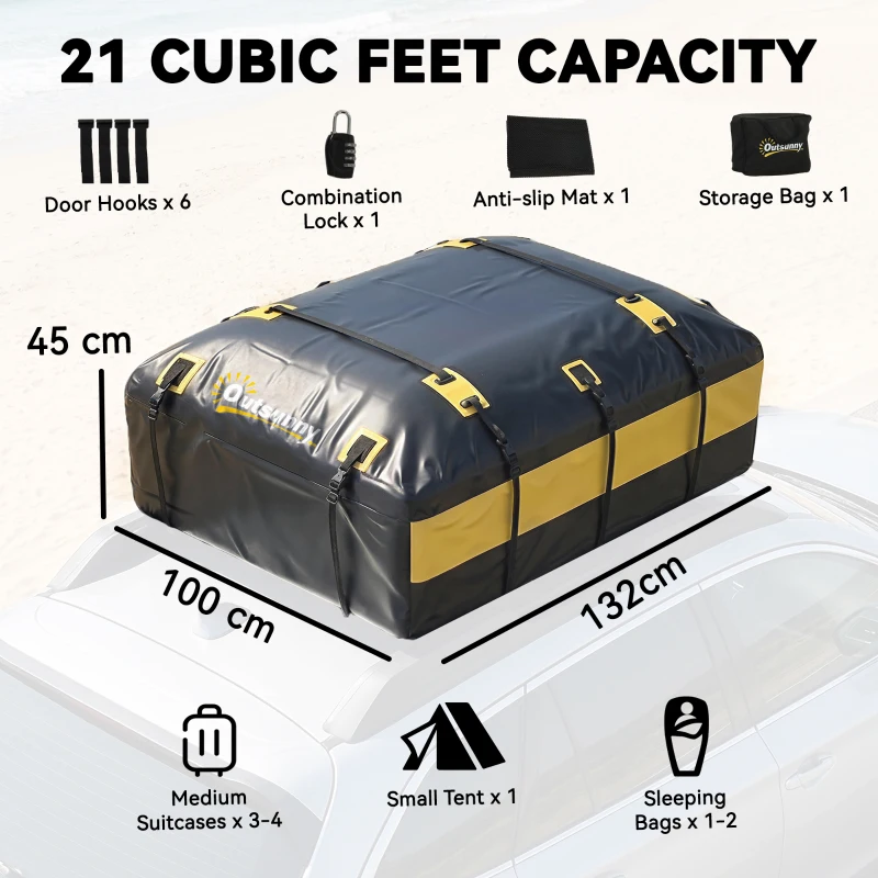 Outsunny Husă portbagaj pentru acoperiș 594 L impermeabilă cu 6 chingi, saltea antiderapantă, cârlige pentru vehicule, galben