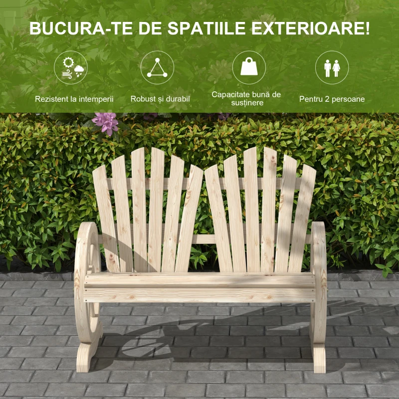 Outsunny Bancă de Grădină cu 2 Locuri, Cotiere în Formă de Roată, Bancă de Exterior din Lemn de Brad, pentru Terasă, Patio și Curte, 108x66x95 cm, Culoare Lemn