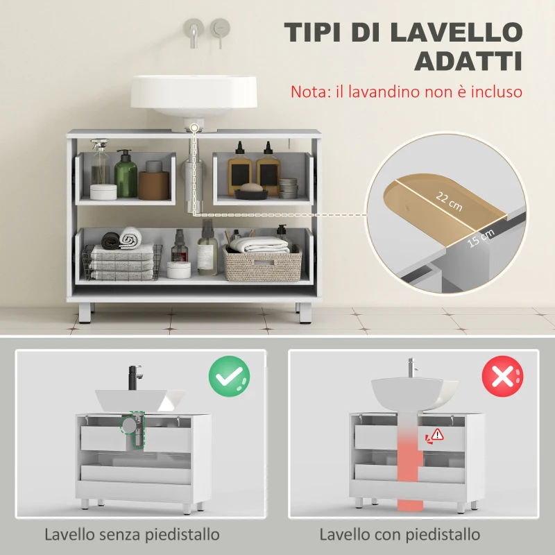 HOMCOM Mobile Sottolavabo Moderno con 2 Cassetti e Divisori per Lavabo Senza Piedistallo, 80x30x60 cm, Bianco