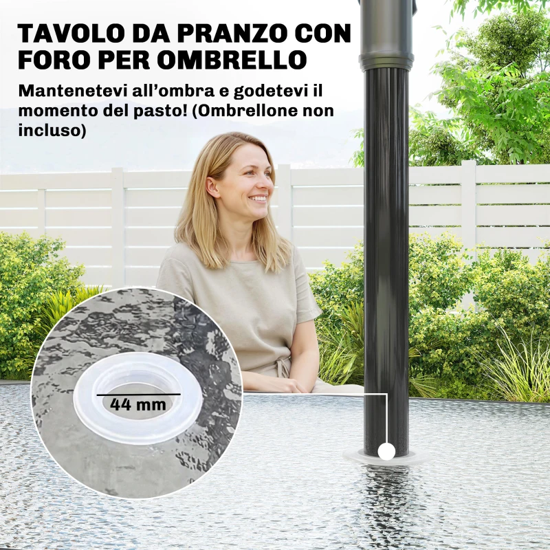 Outsunny Set da Giardino 5pz con 4 Sedie Impilabili e Tavolo in Vetro Temperato con Foro per Ombrellone, Grigio Chiaro