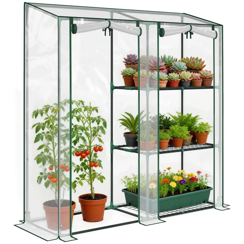 Outsunny Serra Verticale a 2 Sezioni con 3 Ripiani, in Plastica e Acciaio, 143x45x151 cm, Verde Scuro e Trasparente