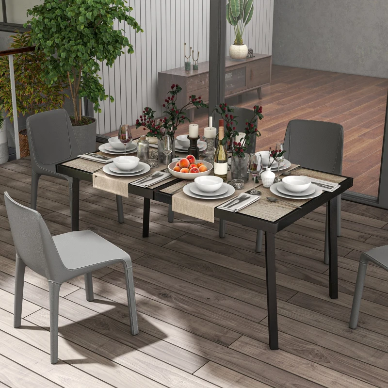 Outsunny Tavolo da Giardino Rettangolare per 6 Persone con Piano Effetto Legno, in Acciaio e PSPC, 145x85x72 cm, Grigio