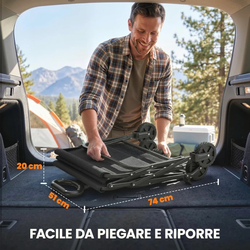 Outsunny Carrello da Giardino Pieghevole 90L con Manico Regolabile e Portabicchieri, Nero