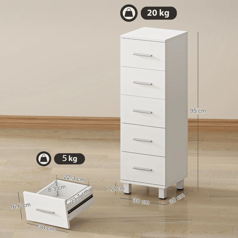 HOMCOM Cassettiera a 5 Cassetti per Camera da Letto e Soggiorno in Legno FSC, 30x30x95 cm, Bianco