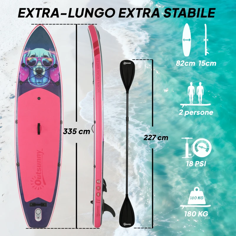 Outsunny Sup Gonfiabile con Sedile, Pagaia e Accessori, in Plastica ed EVA, 335x82x15 cm, Blu e Rosa