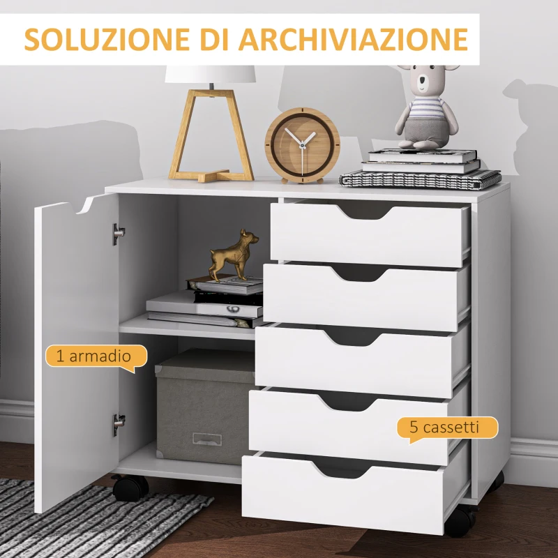 HOMCOM Mobile Laterale con 5 Cassetti, Armadietto con Ripiano Regolabile, Mobiletto da Ufficio su Ruote, Supporto per Stampante per Ufficio Domestico, Bianco