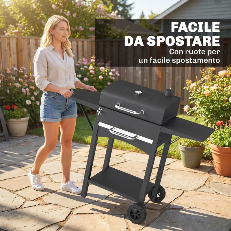 Outsunny Barbecue a Carbone con 2 Ripiani Laterali, Termometro, Coperchio e Ruote, 110x46.5x101 cm, Nero