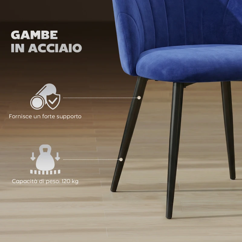 HOMCOM Set 2 Sedie da Pranzo Imbottite con Schienale a Conchiglia in Velluto, 52x55x79 cm, Blu