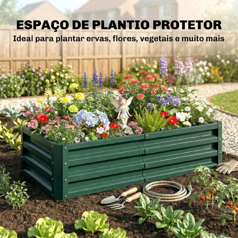 Outsunny Caixa de Plantio de Aço Galvanizado para Cultivar Plantas Flores Floreira Exterior Retangular com Fundo Aberto 120x60x30,5 cm Verde