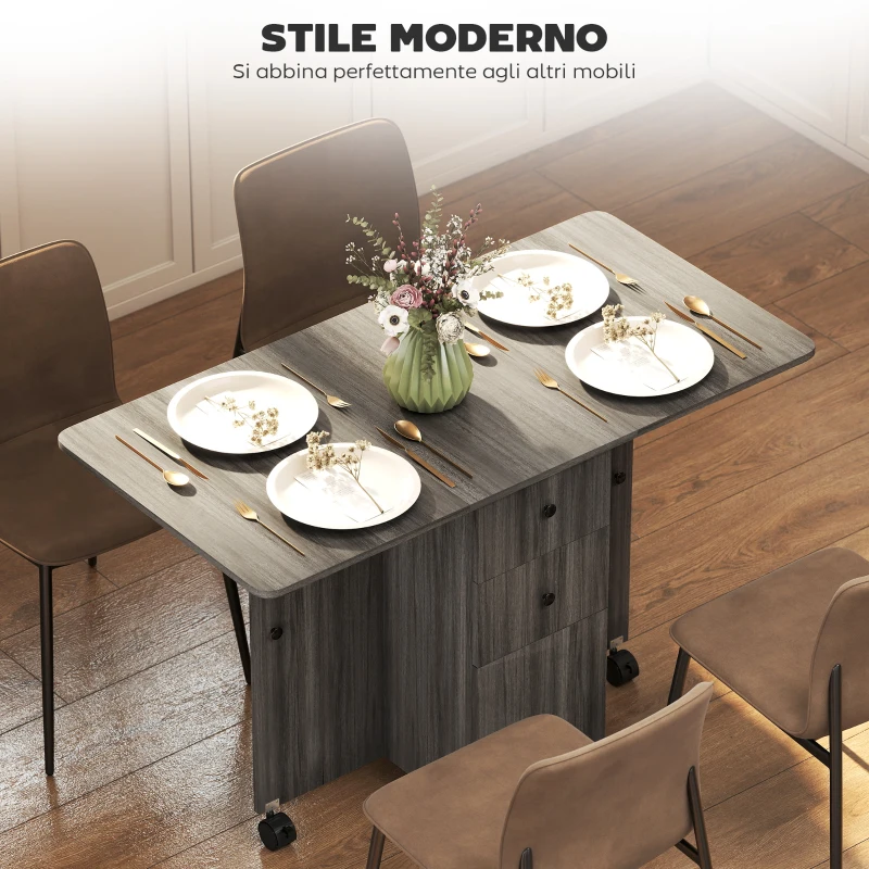 HOMCOM Tavolo a Ribalta a 6 Rotelle con 2 Cassetti e Armadietto ad Ante, in Legno, 120x60x76.5 cm, Grigio