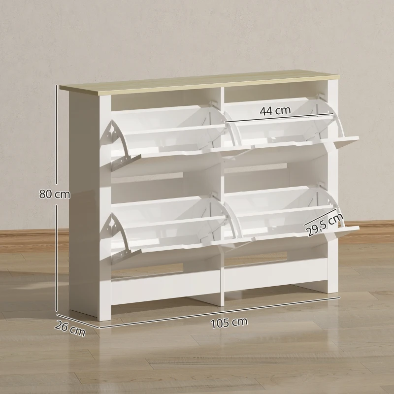 HOMCOM Smalle Schoenenkast met 4 Klapvakken voor 8–16 Paar Schoenen, 105 x 26 x 80 cm, Wit + Natuurlijk hout