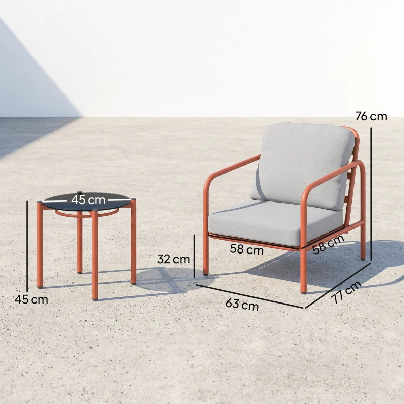 Outsunny Salón de Jardín 3 Piezas, 2 Sillones, 1 Mesa Baja, Cojines Gruesos, Bandeja de Vidrio Templado, 63x77x76cm, Rojo Vino