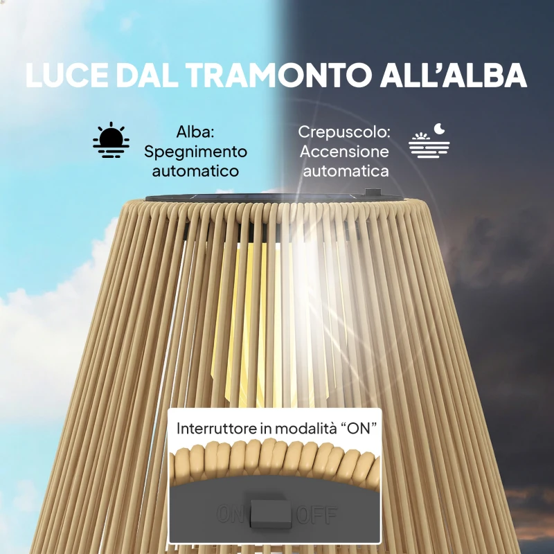 Outsunny Lampada Solare Impermeabile con Accensione Automatica, in Rattan e Acciaio, 35x35x55 cm, Giallo