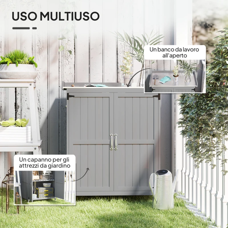 Outsunny Armadietto da Esterno, Capanno Porta Attrezzi con Mensola, in Legno con 2 Ante per Giardino, Patio, Grigio