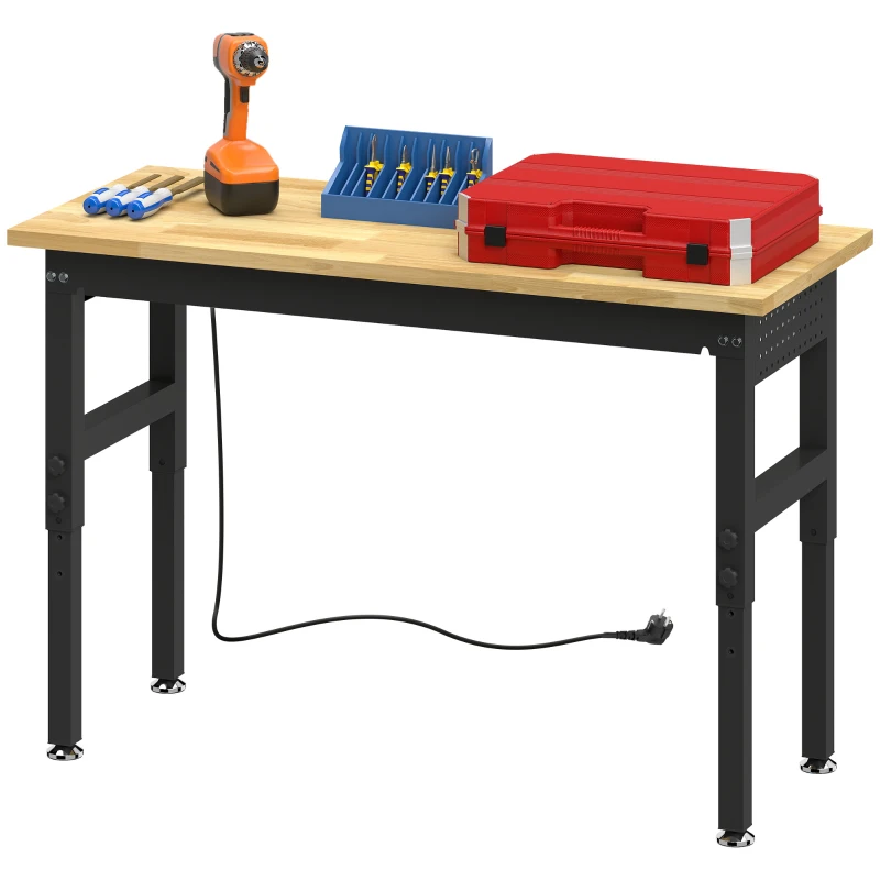 HOMCOM Banco de Trabajo en Madera y Acero Altura Regulable, 2 Tomas AC, Capacidad 900 kg, Color Madera y Negro