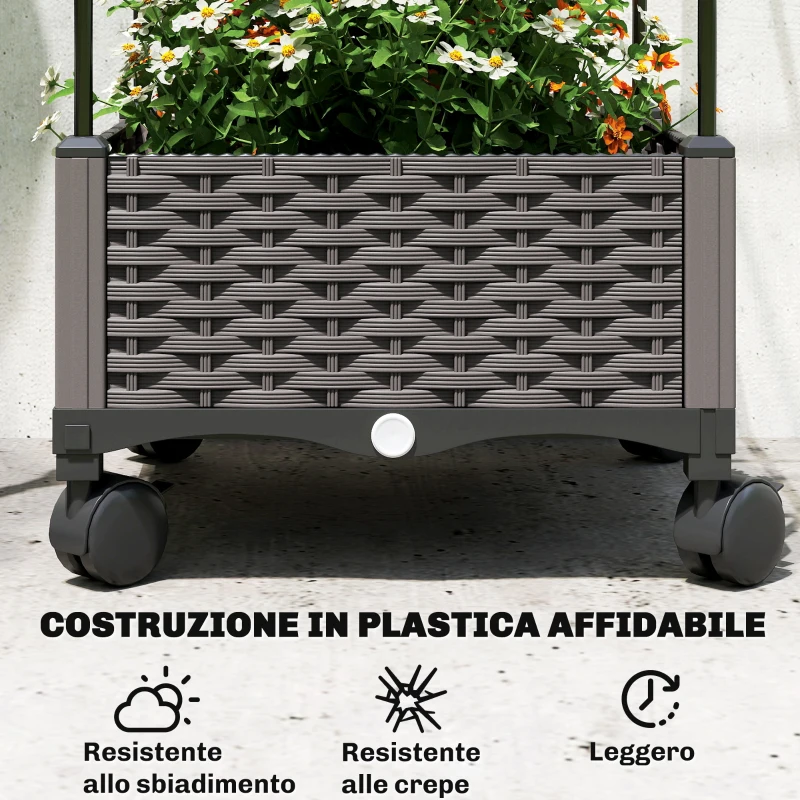 Outsunny Fioriera Rialzata con Traliccio da 185 cm, Fori di Drenaggio e 4 Rotelle, in Metallo Rivestito in PE e PP, Nero