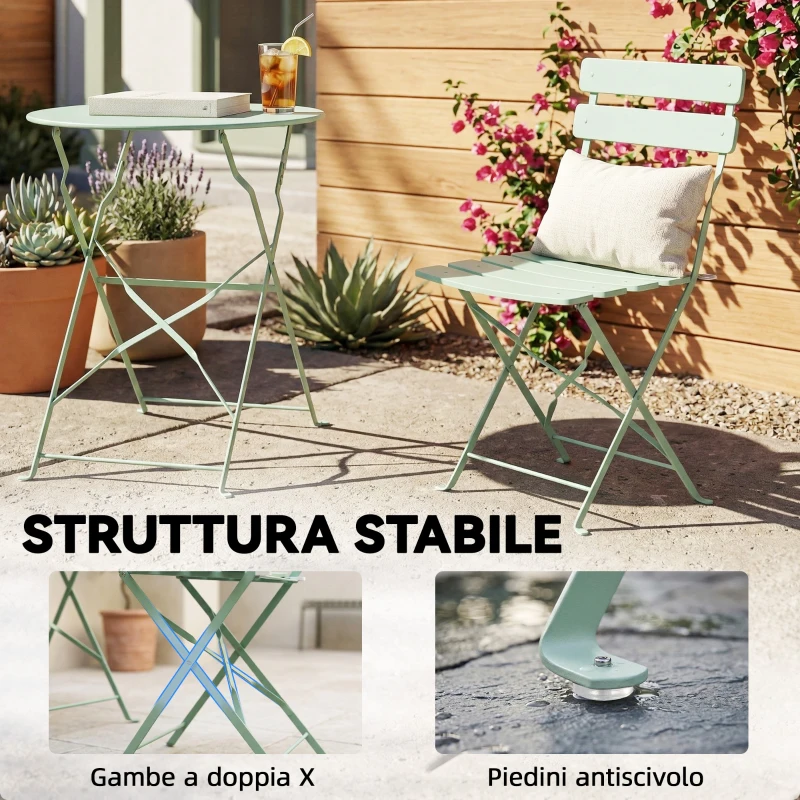 Outsunny Bistrò Set Giardino: Tavolo Rotondo e Sedie Pieghevoli per 2, Verde Chiaro.