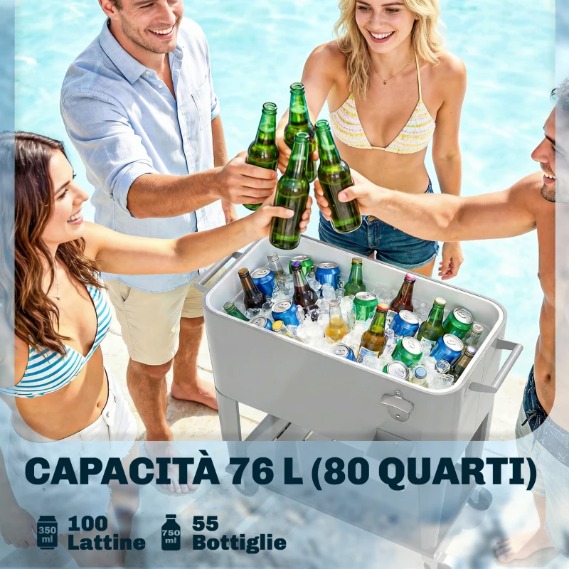 Outsunny Frigo Portatile 76L con Ruote, Ripiano e Apribottiglie, in Plastica, Metallo e Acciaio, 92x39x81 cm, Argento