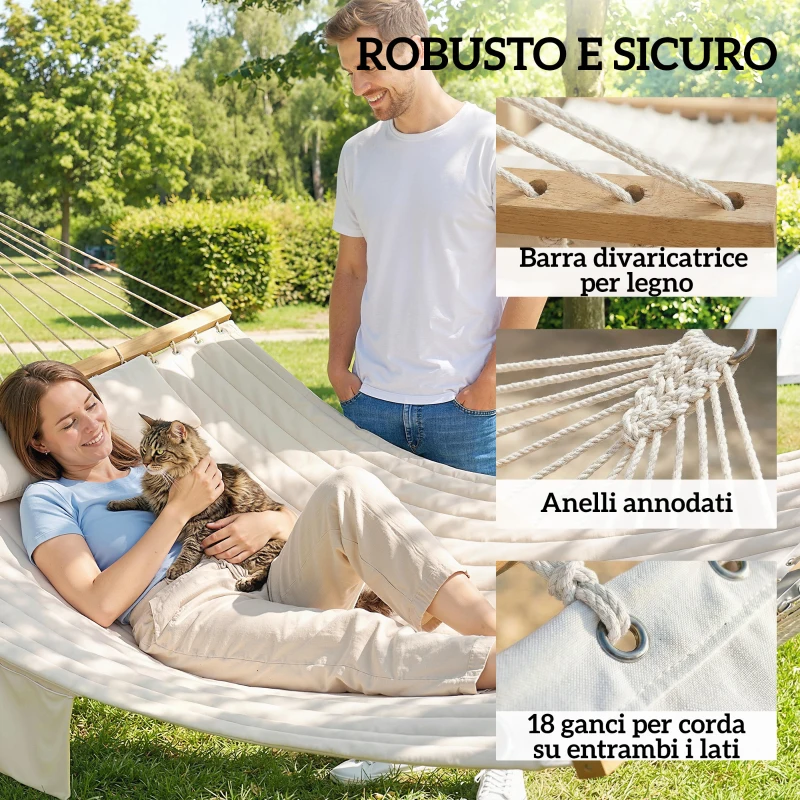Outsunny Amaca da Giardino con Cuscino e Tasca, in Poliestere con Barre di Legno, 325x140x2.5 cm, Bianco Crema