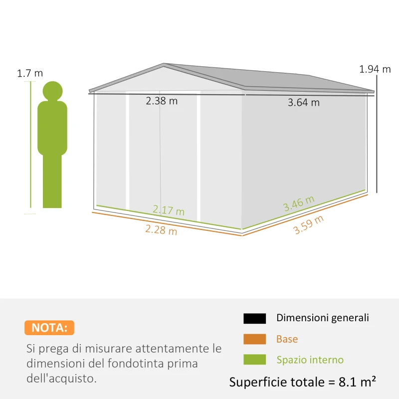 Outsunny Capanno da Giardino in Metallo 364 x 238 cm con 4 Prese d'Aria e Porte Doppie con Serratura, Marrone