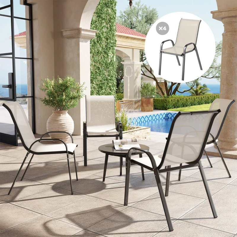 Outsunny Set 4 Sedie da Giardino Impilabili con Braccioli Curvi, in Acciaio e Tessuto Traspirante, 54x71x93 cm, Beige