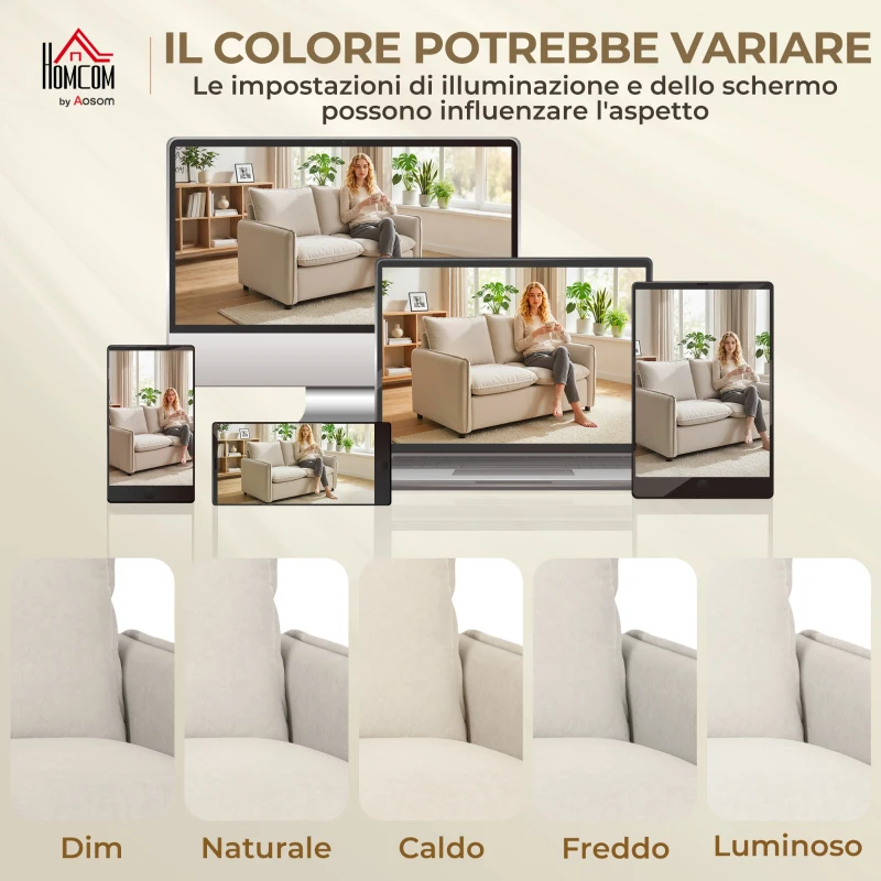 HOMCOM Divano 2 Posti Imbottito in Tessuto Effetto Pelle Traspirante, Imbottitura Spessa, 2 Cuscini, Braccioli, per Soggiorno, Crema
