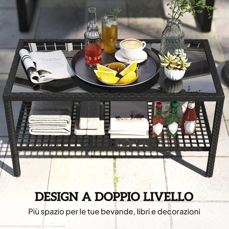 Outsunny Tavolino da Caffè a 2 livelli con Piano in Vetro Temperato e Ripiano, in Acciaio e Rattan, 92x50x45 cm, Nero