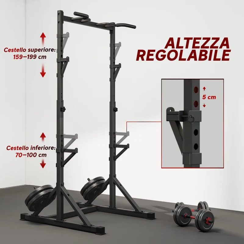 SPORTNOW Squat Rack Regolabile con Doppio Supporto, Portadischi e Barra Trazioni, in Acciaio, 112-100x201-217 cm, Nero